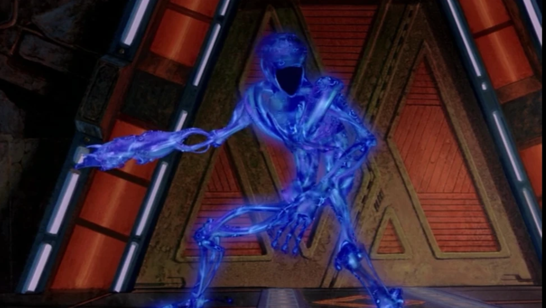 a purple-blue energy alien inside a spaceship