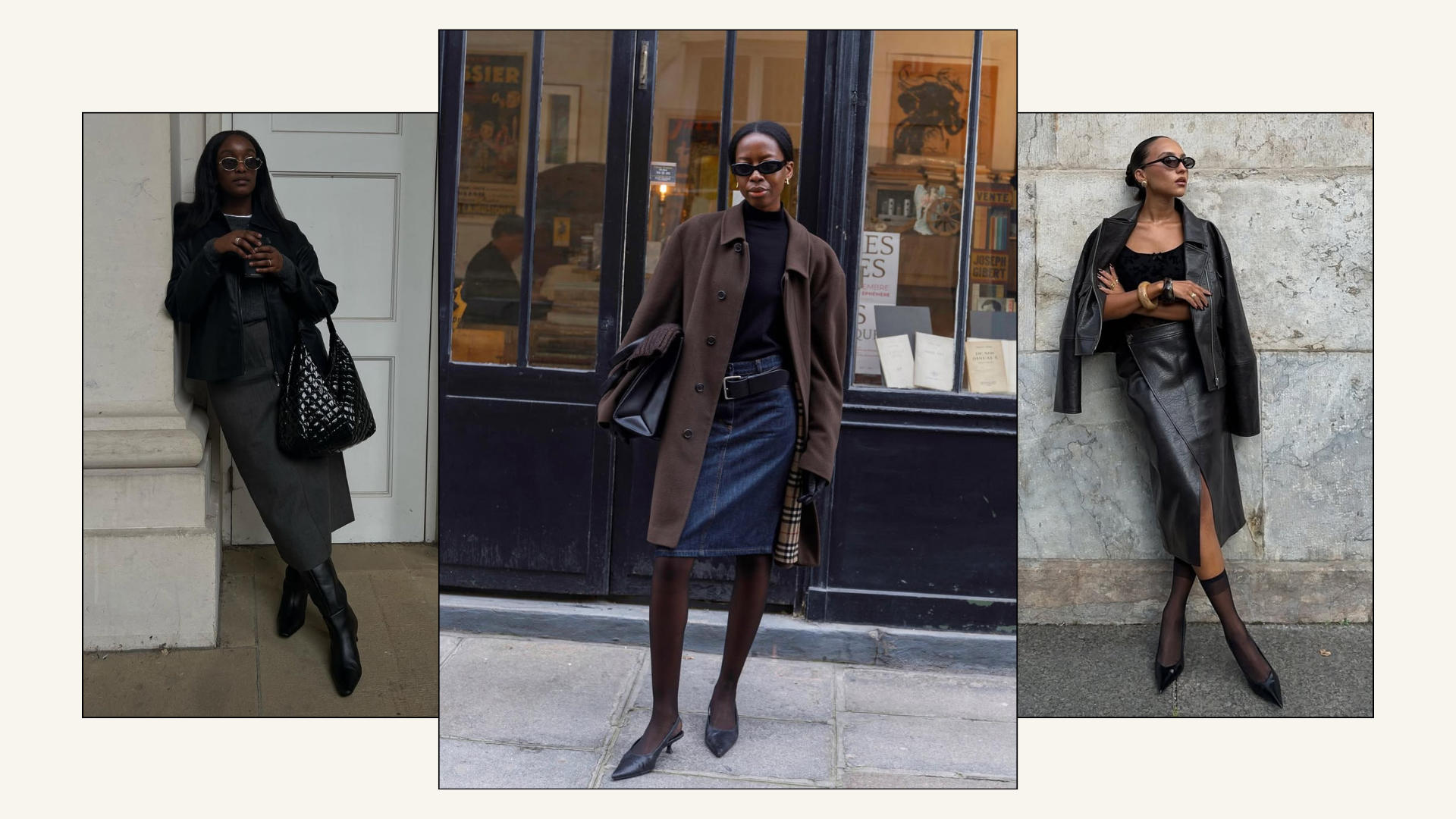Three different outfits featuring a pencil skirt