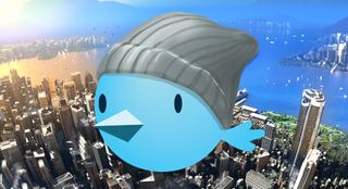 Cartoon bird wearing a hat with city in the background