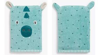 Image of a turquoise dino character wash mitt as part of best baby bath products