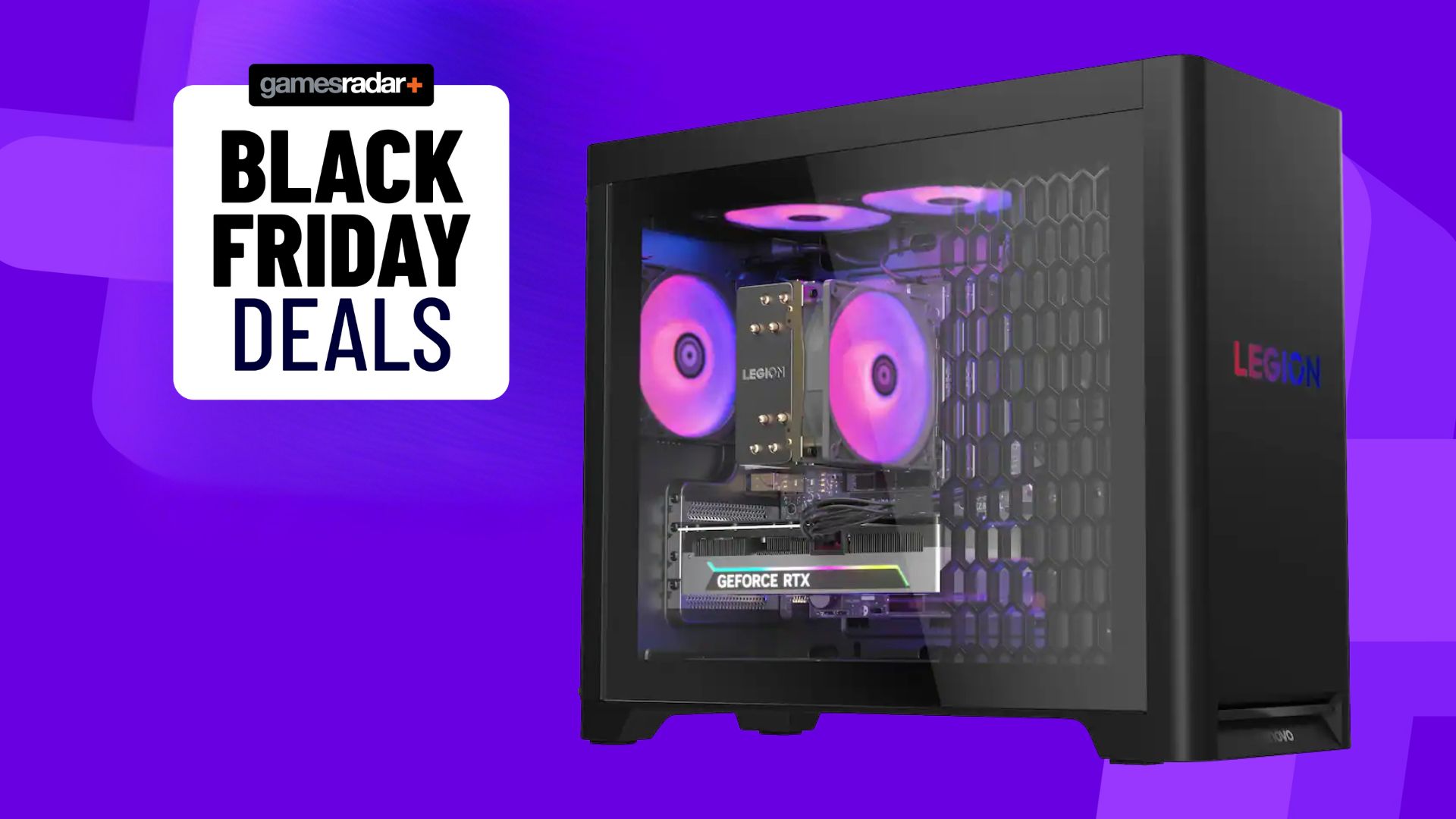 A Lenovo Legion Tower5 gaming PC on a purple background