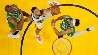 Stephen Curry #30 of the Golden State Warriors shoots during the first half against the Boston Celtics in the NBA Finals 2022