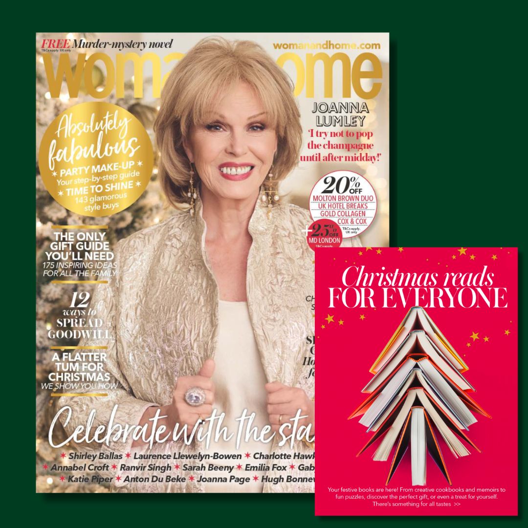 The front cover of woman&amp;amp;home December 2025 issue, featuring Joanna Lumley, and the Christmas books special 2025