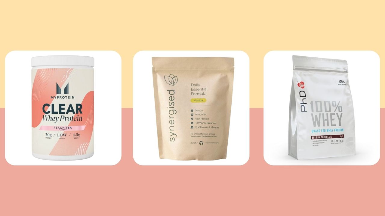 A selection of the best protein powders for women including MyProtein&#039;s Clear Whey, Synergised&#039;s Daily Essential Formula, and PhD&#039;s 100% Whey Protein