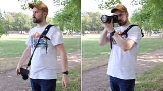 A man wearing the BlackRapid Sport Breathe Left and Right in a park