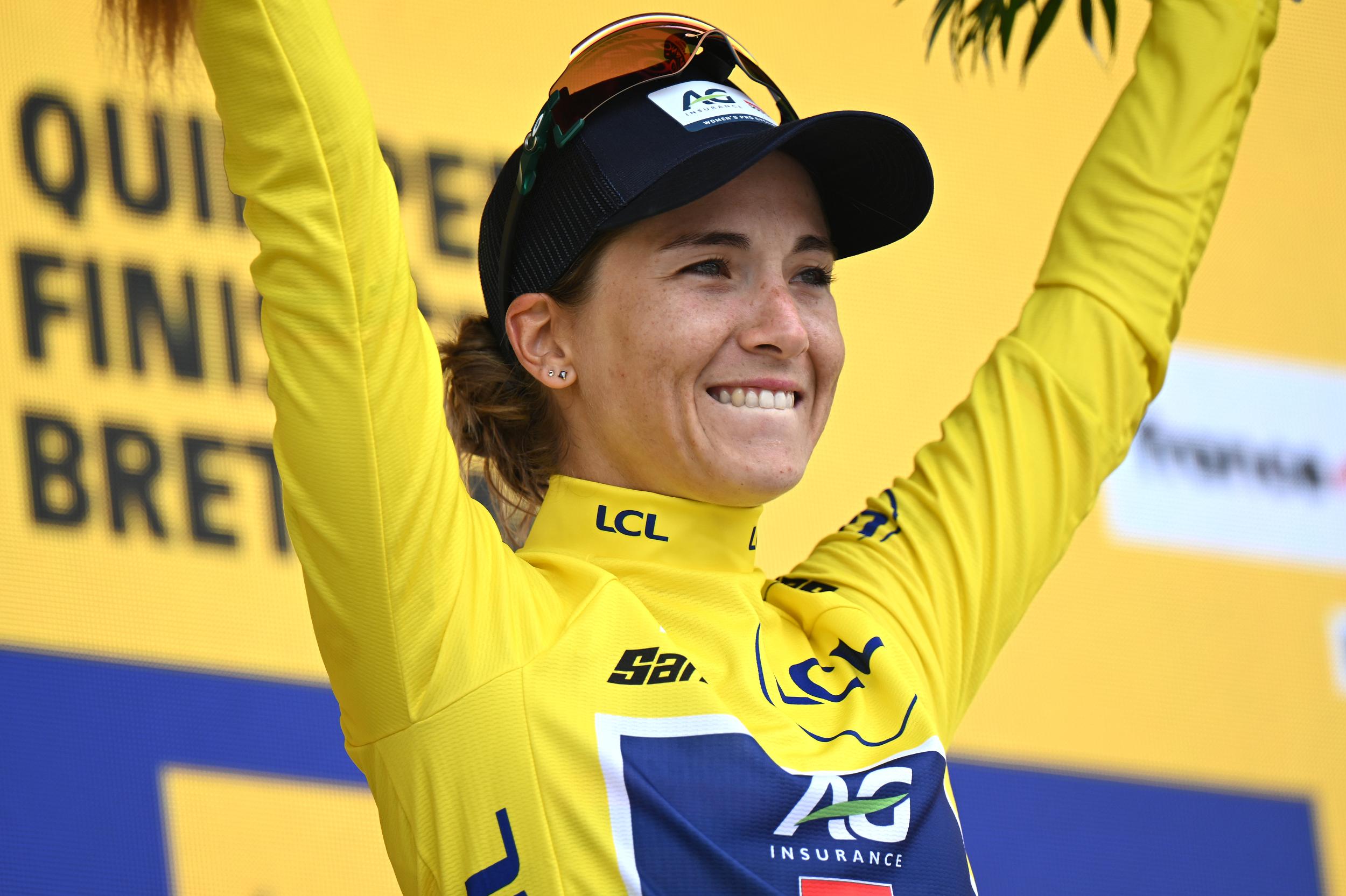 Kim Le Court in the yellow jersey at the 2025 Tour de France Femmes