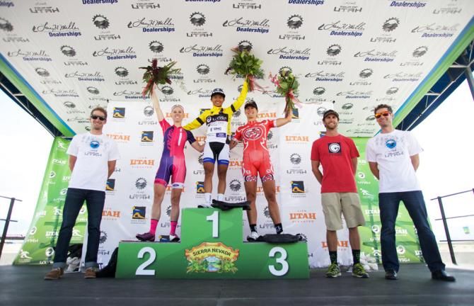The inaugural Tour of Utah Women's Edition podium: Coryn Rivera (United Healthcare), Mandy Heintz (Guru Cycles P/b Haute Wheels Racing), and Meredith Miller (Pepper Palace Pro Cycling).
