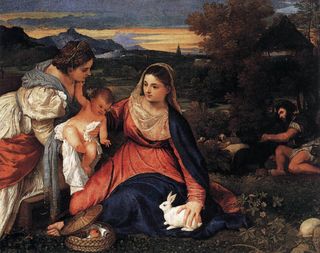 This rabbit in Titian's "Madonna of the Rabbit" represents purity. It also represents self-impregnation.