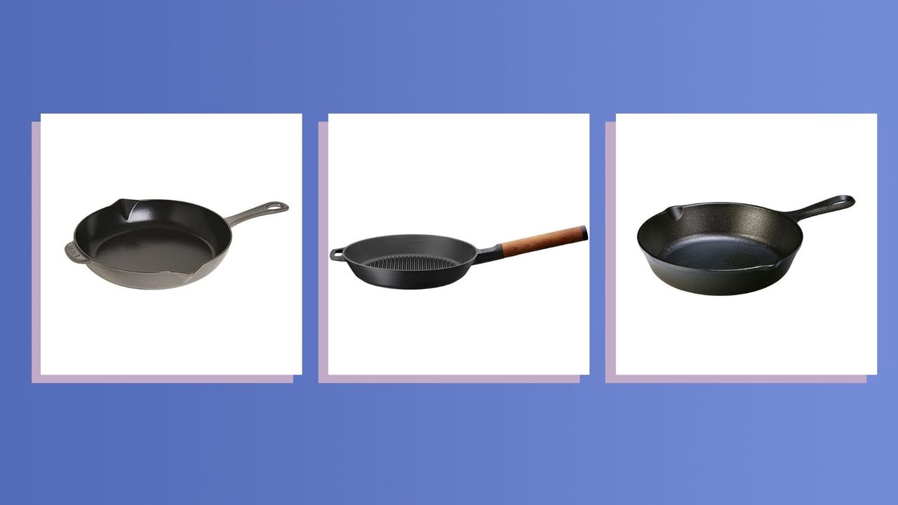 A collage image showing three of the best cast iron skillet pans in w&amp;h&#039;s expert round-up