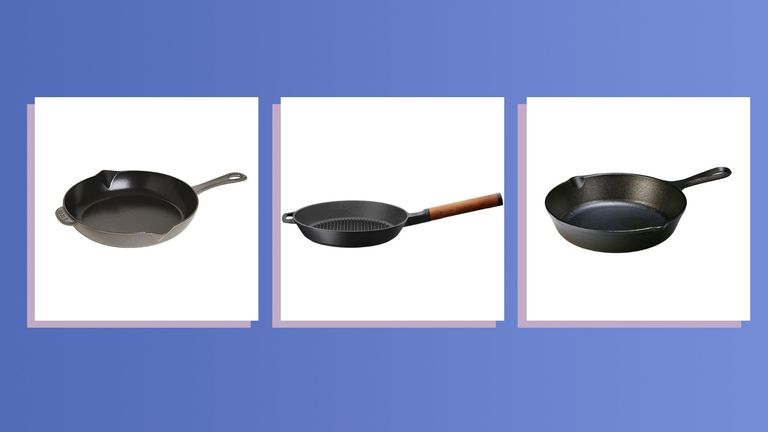A collage image showing three of the best cast iron skillet pans in w&h's expert round-up