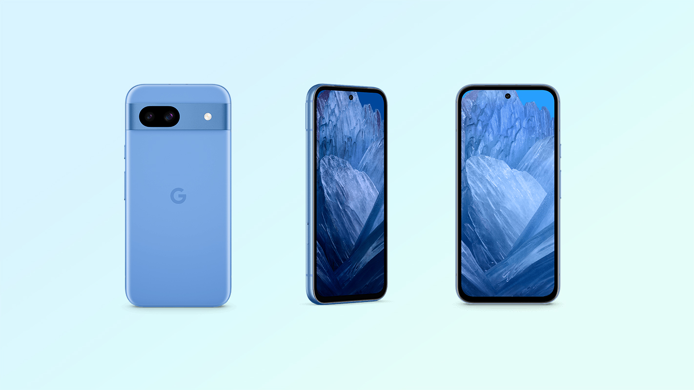 Google pixel 8a in blue shown off from front, back and side angles