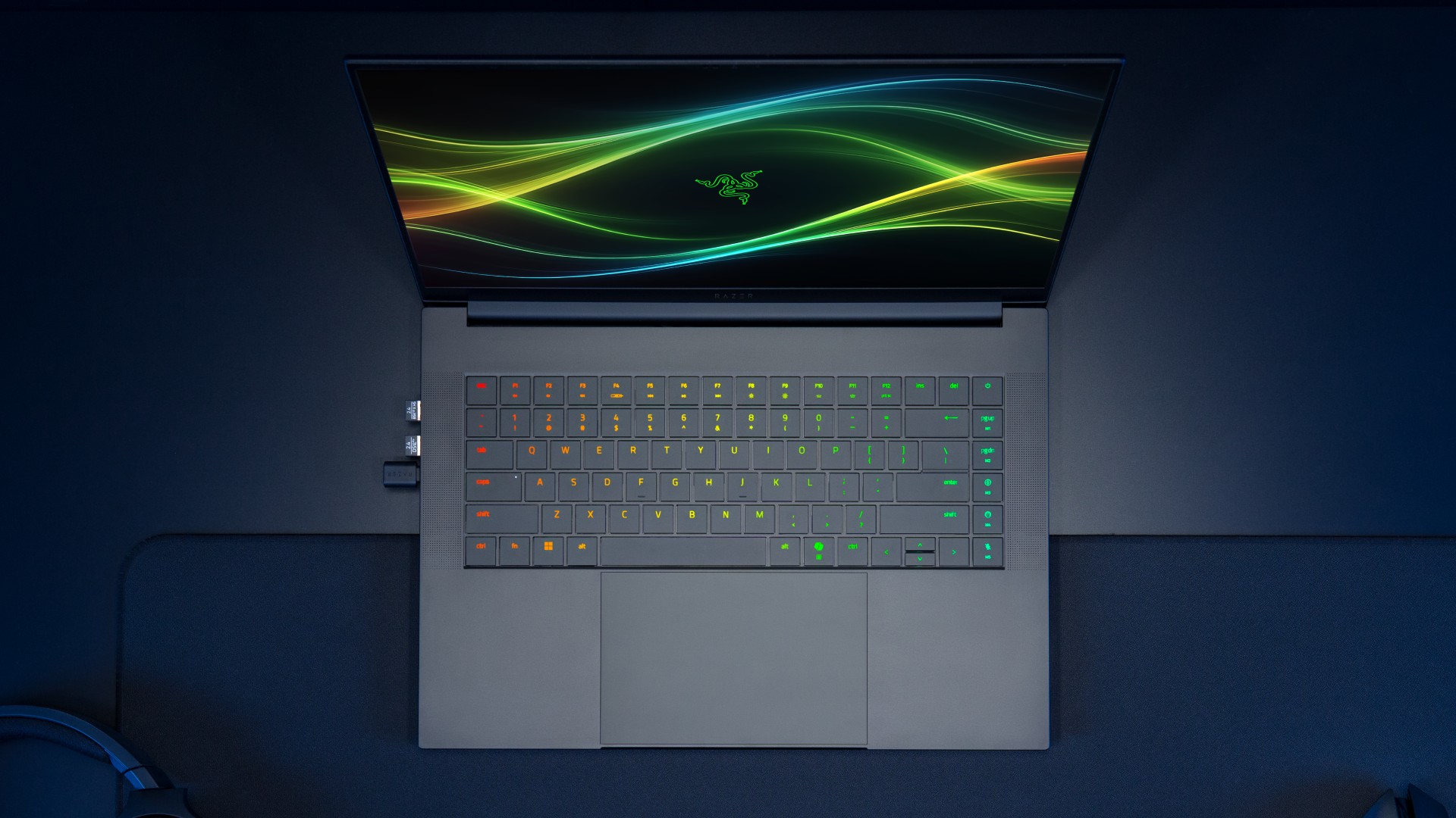 Razer Blade 16 (2026) gaming laptop shot from a top down perspective, with keyboard and trackpad visible