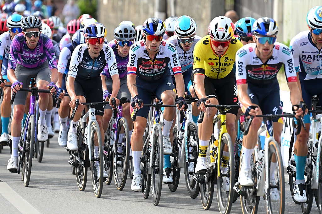 TIRANA ALBANIA MAY 09 LR Thomas Pidcock of Great Britain and Team Q365 Pro Cycling Primoz Roglic of Slovenia and Team Red Bull BORA hansgrohe compete during the 108th Giro dItalia 2025 Stage 1 a 160km stage from Durres to Tirana UCIWT on May 09 2025 in Tirana Albania Photo by Tim de WaeleGetty Images