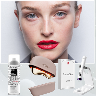 A woman with pale skin and a red lip wearing an updo. She is next to three beauty products and tools. 