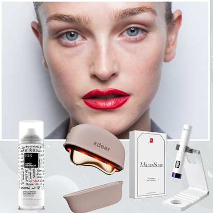 A woman with pale skin and a red lip wearing an updo. She is next to three beauty products and tools. 