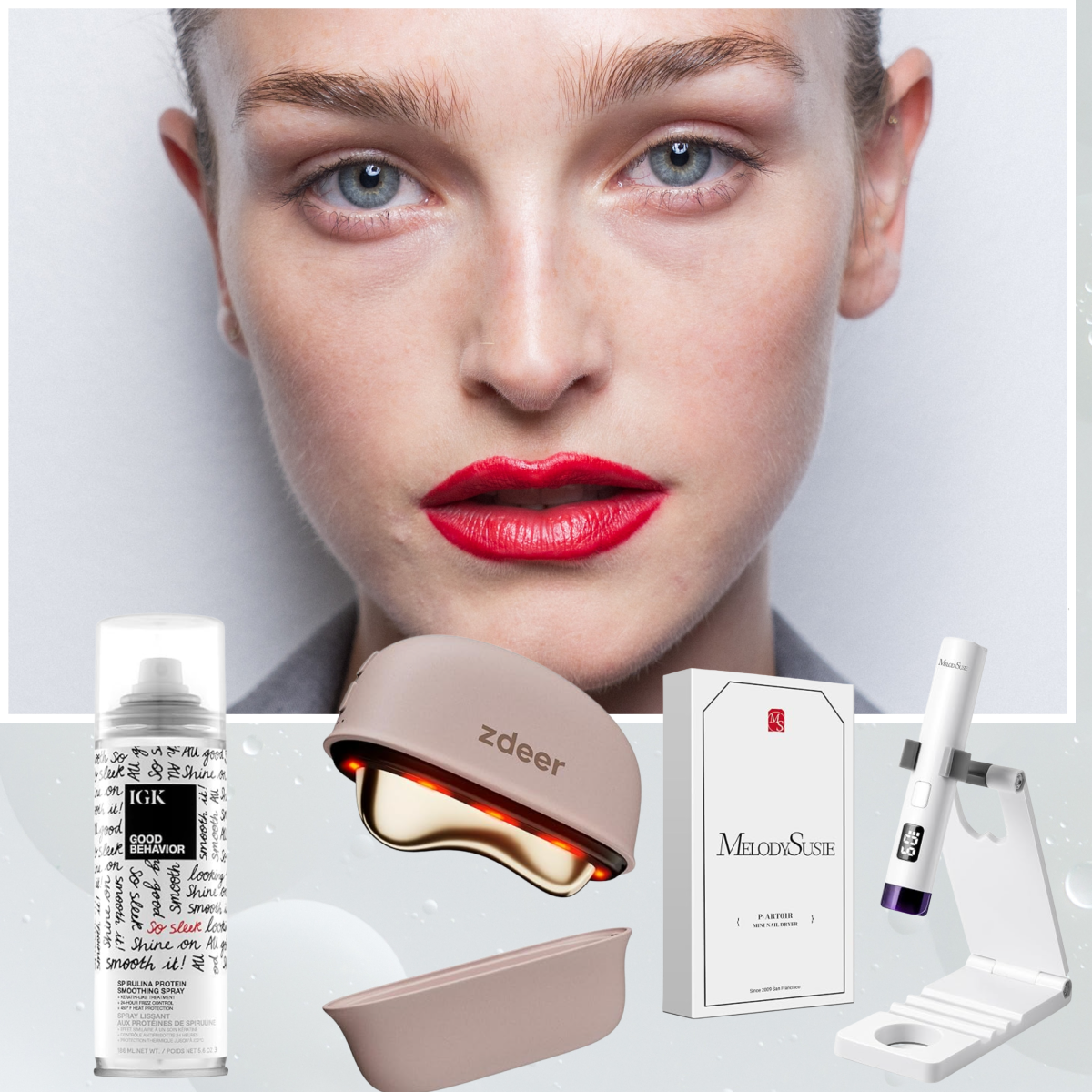 A woman with pale skin and a red lip wearing an updo. She is next to three beauty products and tools. 