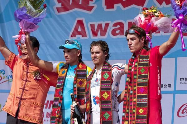 The stage one podium (l-r): Valentin Iglinskiy (Astana), 2nd; Justin Jules (Velo-Club/La Pomme Marseille), 1st; and Adam Phelan (Drapac Professional Cycling), 3rd