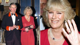 L-King Charles and Queen Camilla on the day of their engagement, R-Camilla shows her engagement ring