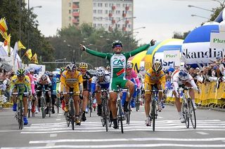 Angelo Furlan (Crédit Agricole), 31, spreads his wings while winning stage three of the Tour de Pologne.