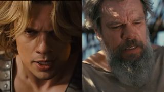 A close-up screenshot of He-Man looking fierce in Masters of the Universe and a screenshot of Matt Damon looking confused in The Odyssey