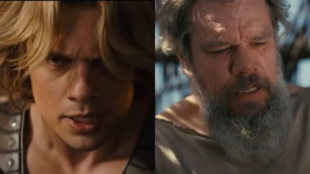 A close-up screenshot of He-Man looking fierce in Masters of the Universe and a screenshot of Matt Damon looking confused in The Odyssey