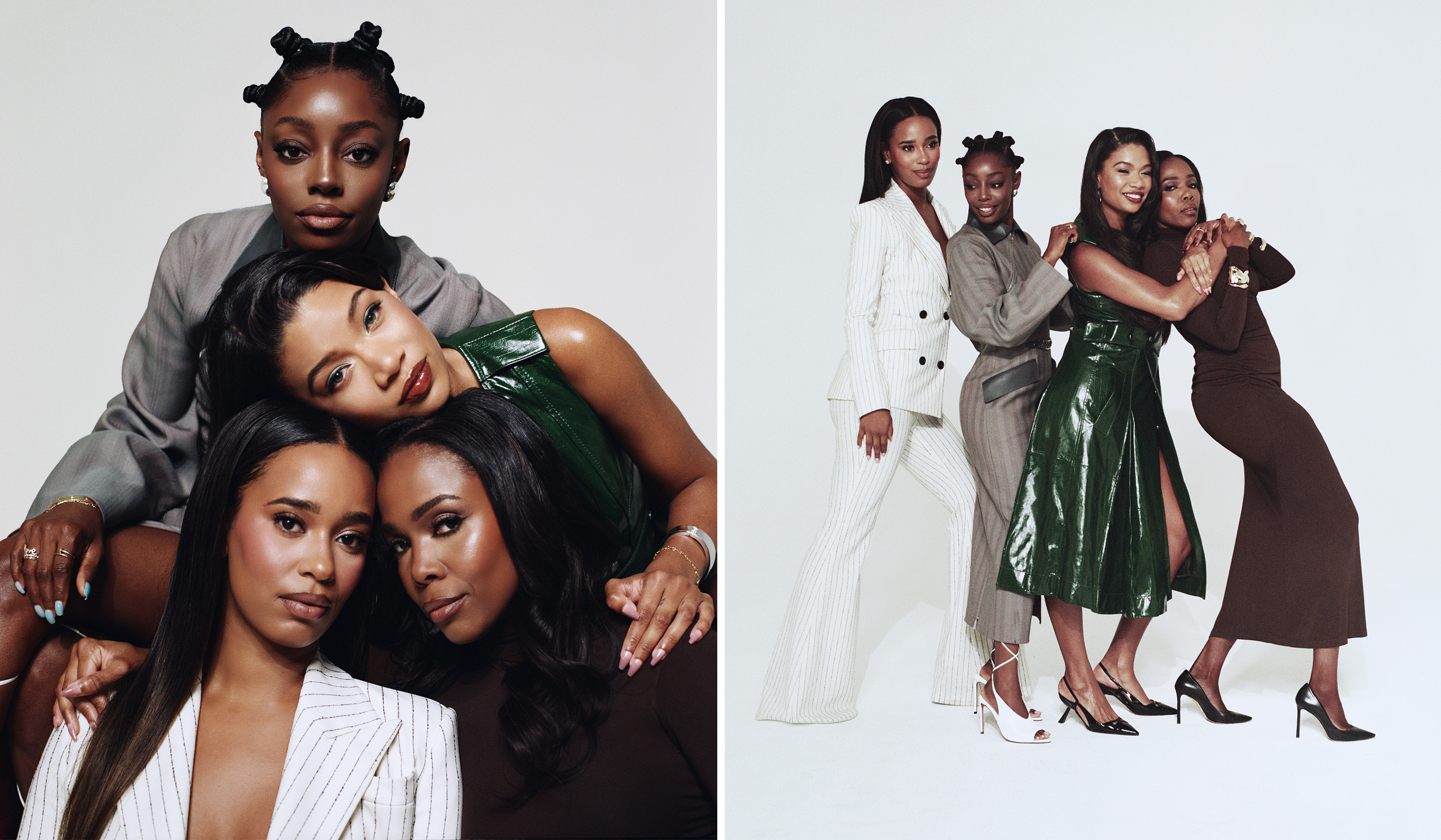 two images of Lake Rucker, Jasmine Goode, Venita Aspen, and Mia Calabrese staring at the camera holding onto one another