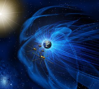 This artist's illustration shows NASA's four identical Magnetospheric Multiscale mission satellites flying in near the sun-facing edge of the Earth's magnetic field. The spacecraft have made the first-ever detection of a magnetic reconnection, an explosiv