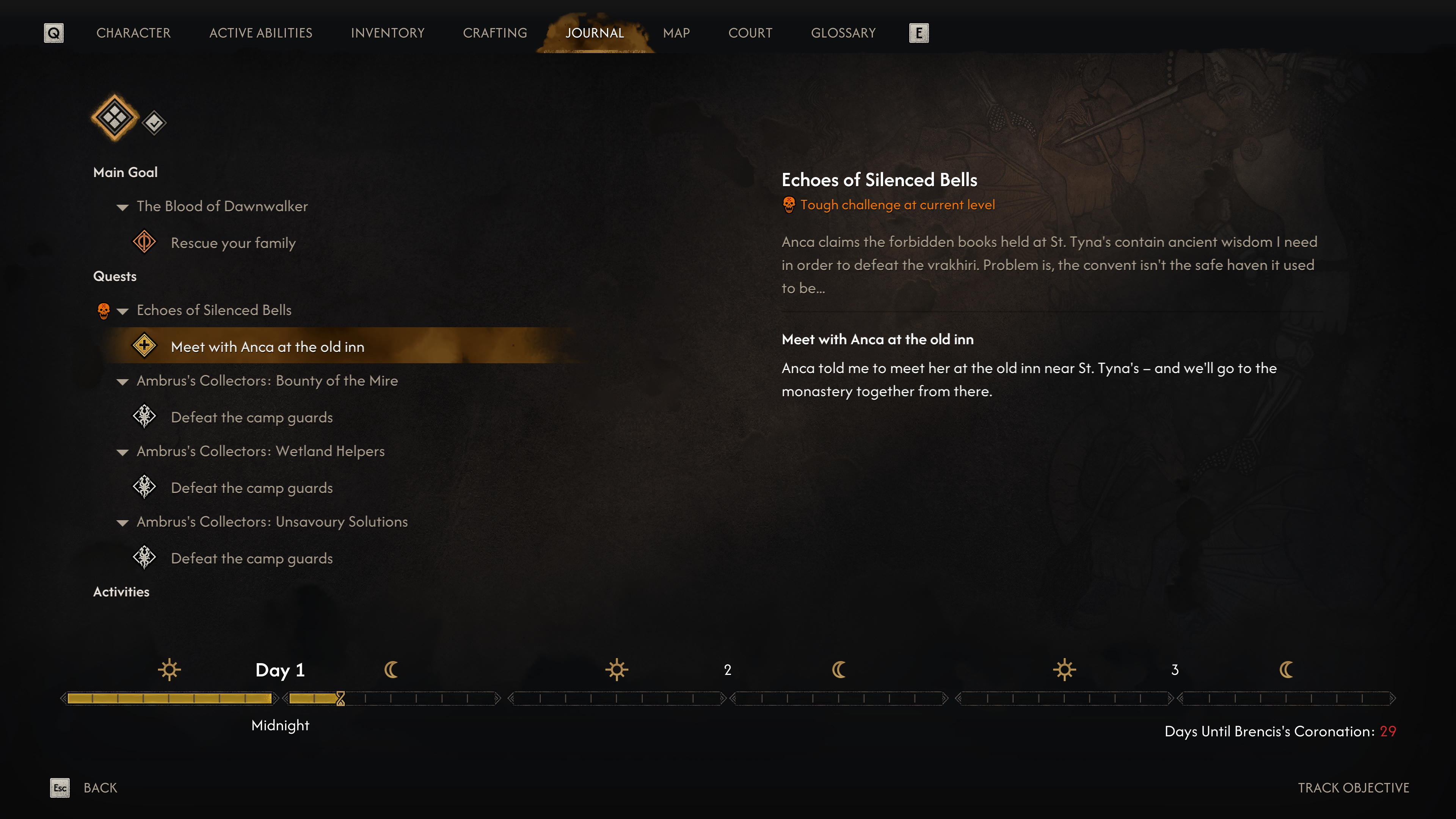 A screenshot from The Blood of Dawnwalker, showing the day/night cycle and some quests.
