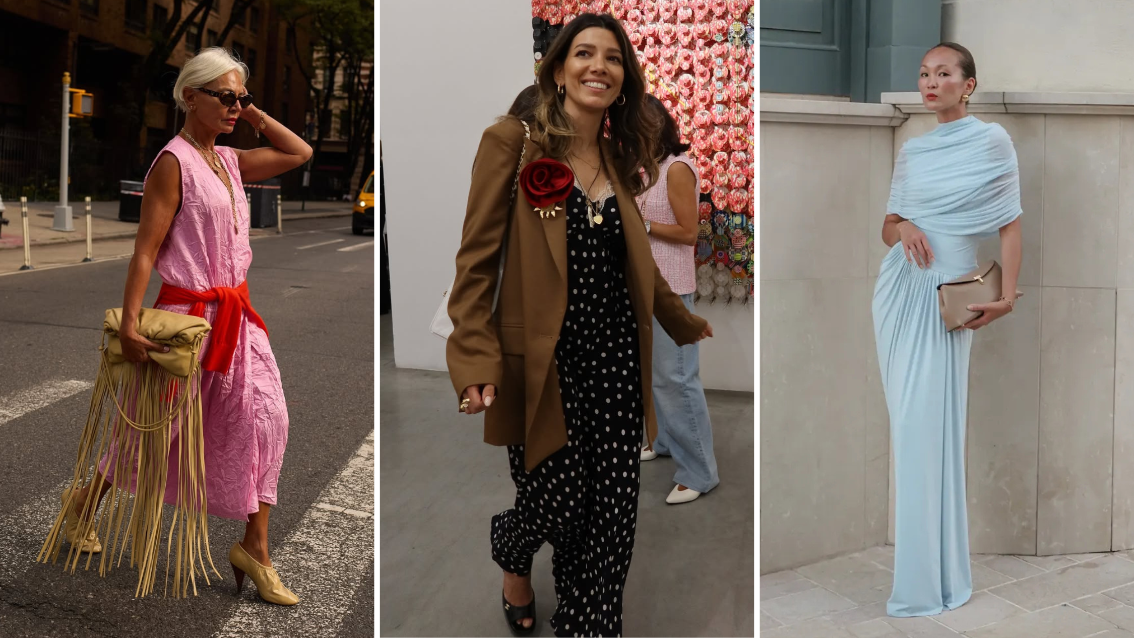 three women wearing stylish wedding guest dresses