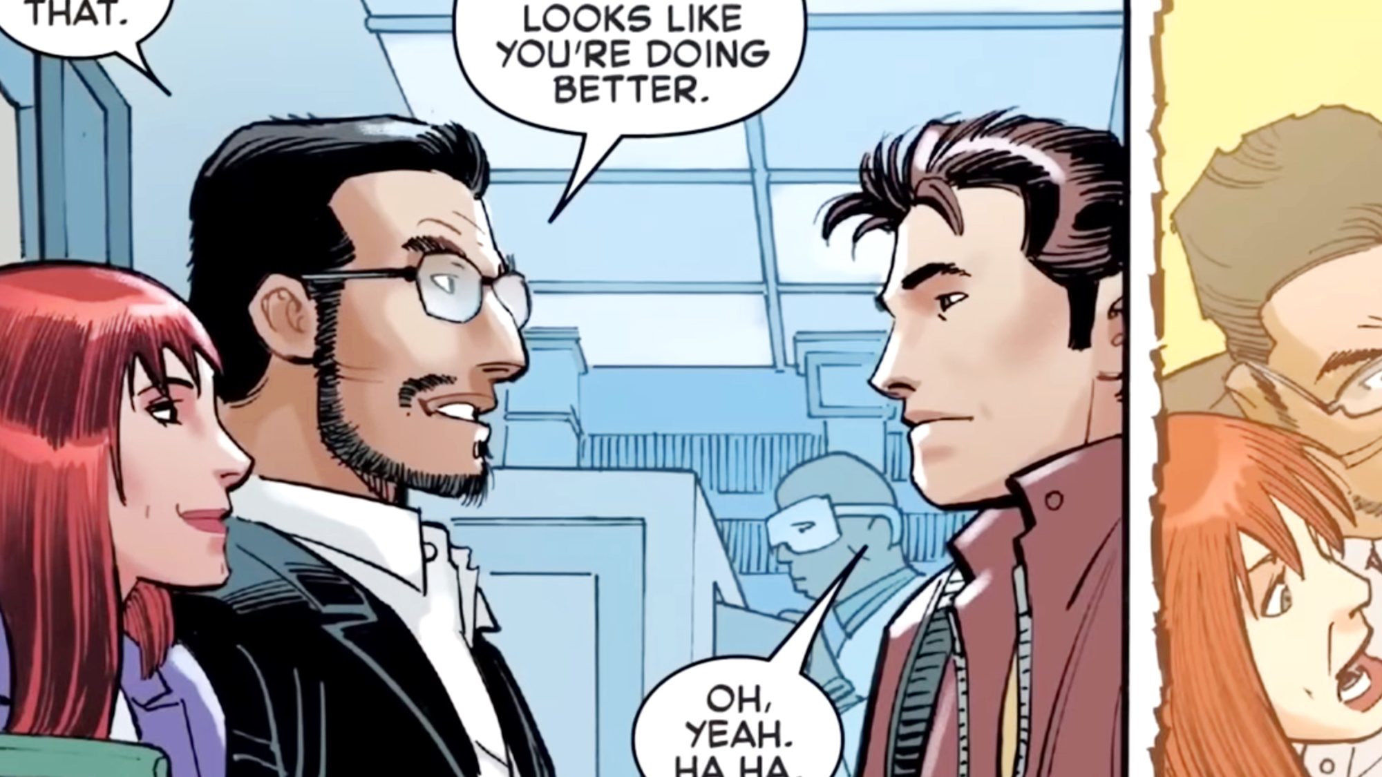 A comic book panel from Marvel Comics showing Mary Jane Watson smiling next to her partner Paul, who wears glasses and a beard.
