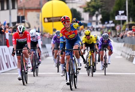 CITTIGLIO ITALY MARCH 16 Elisa Balsamo of Italy and Team Lidl Trek celebrates at finish line as race winner during the 26th Trofeo Alfredo BindaComune di Cittiglio 2025 Womens Elite a 152km one day race from Luino to Cittiglio UCIWWT on March 16 2025 in Cittiglio Italy Photo by Luc ClaessenGetty Images