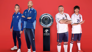 Robbie Williams, Tyson Fury, Wayne Rooney and Louis Tomlinson in a promotional image for Soccer Aid.