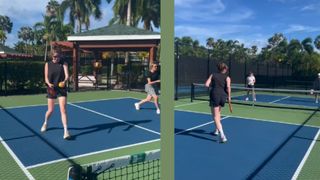 Health Editor Grace Walsh playing pickleball for beginners, stepping up to the 'kitchen' in one picture and hitting the ball in another
