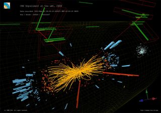 This event was detected at the LHC's CMS experiment, in which one Z boson particle decays to two electrons (red towers), and another Z boson decays to two muons (red lines). Such an event is a candidate event for the Higgs boson particle.