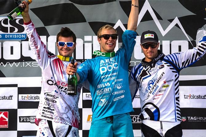 2012 iXS Downhill Cup overall winners: Johann Potgieter, Robin Wallner and Damiano Spagnolo