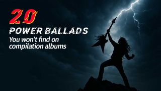 A man on a mountain top holding a guitar aloft during a lightning strike