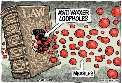Political Cartoon U.S. Anti-Vaxxer Measle outbreak