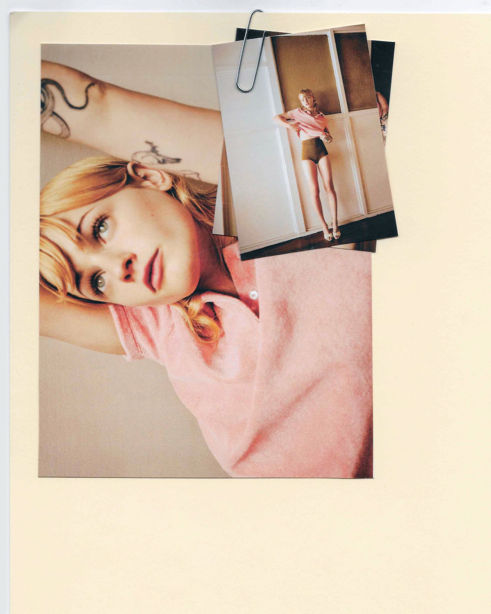 Photos of Esther McGregor paper-clipped to a manila folder. In the photos, Esther is wearing a pink polo shirt with brown briefs and white mules.