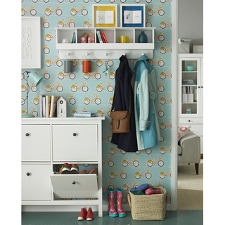 bicycle print wallpaper with shoe storage