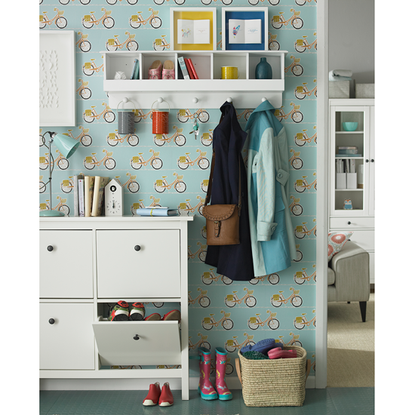 bicycle print wallpaper with shoe storage 