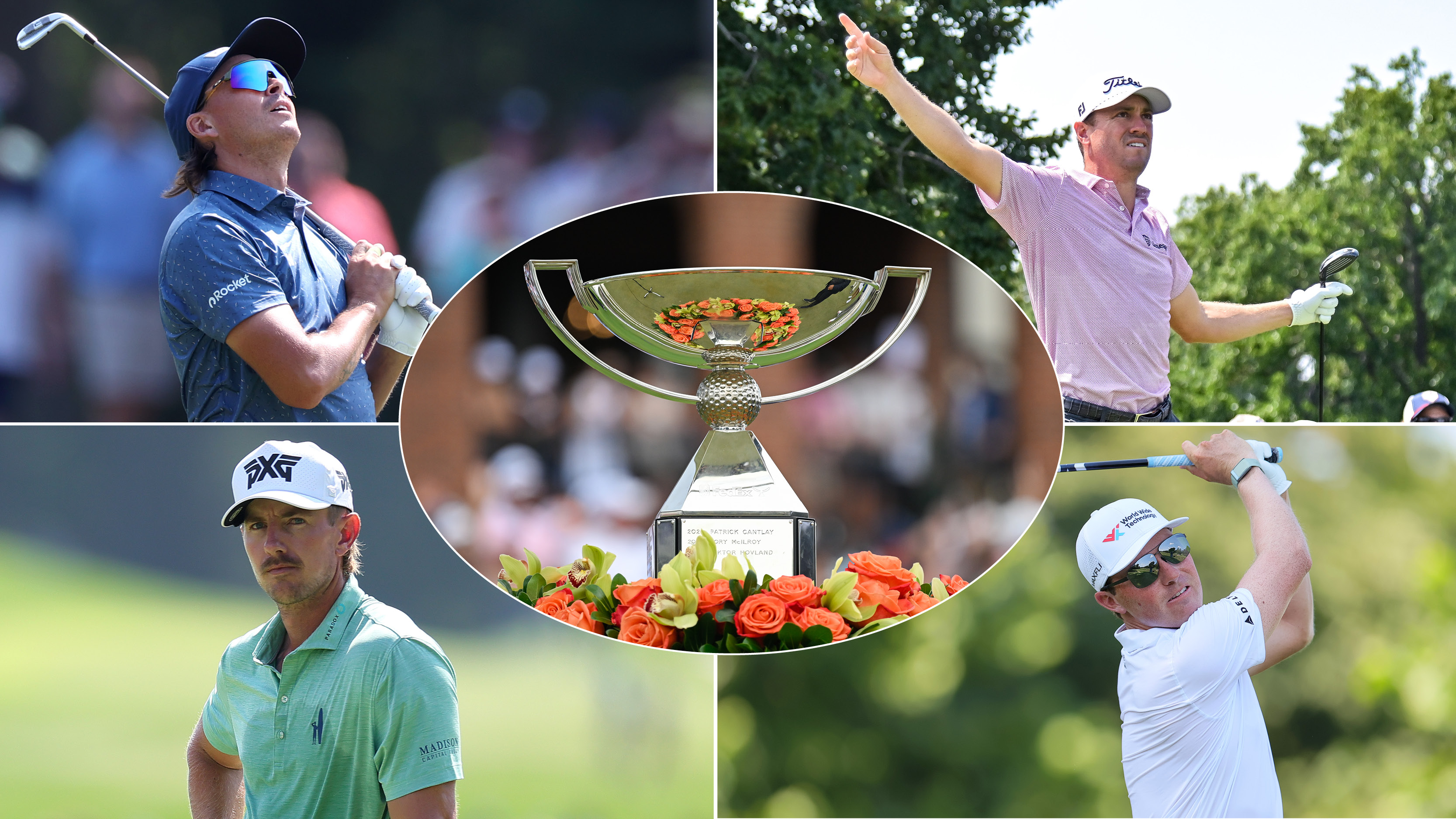 Rickie Fowler, Justin Thomas, Jake Knapp, Ben Griffin and the FedExCup trophy 