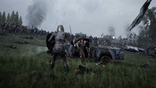A screenshot from the Kingmakers trailer showing the player with a vehicle and gun on a medieval battlefield.