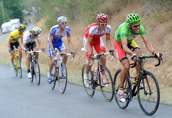 Philippe Gilbert (Omega Pharma-Lotto) on the attack with Tony Gallopin (Cofidis), Dries Devenyns (Quickstep), Tony Martin (HTC) and Thomas Voeckler (Europcar)