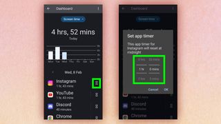 A screenshot of the Settings app on an Android phone. The user is setting screen time limits on an app.