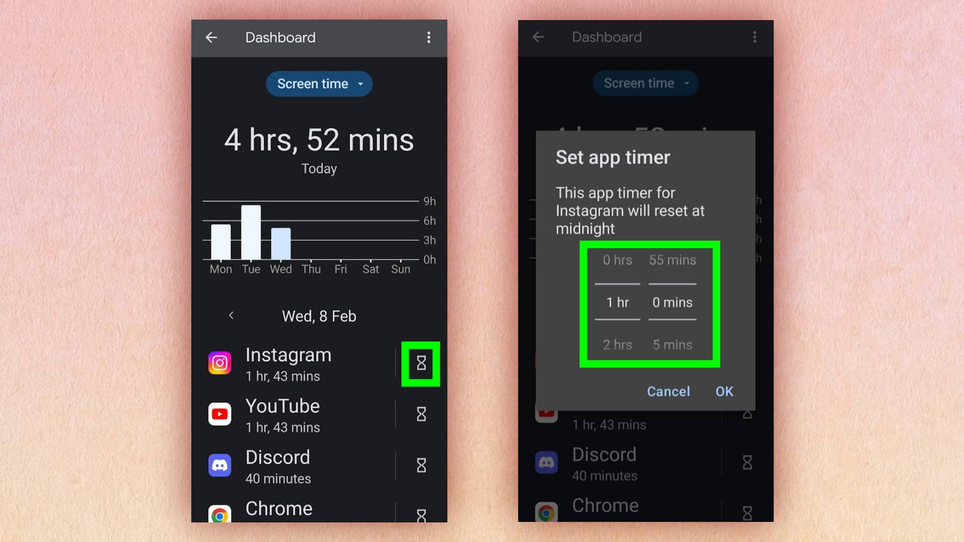 Скриншот приложения «Настройки» на телефоне Android.  Пользователь устанавливает ограничения времени экрана в приложении.