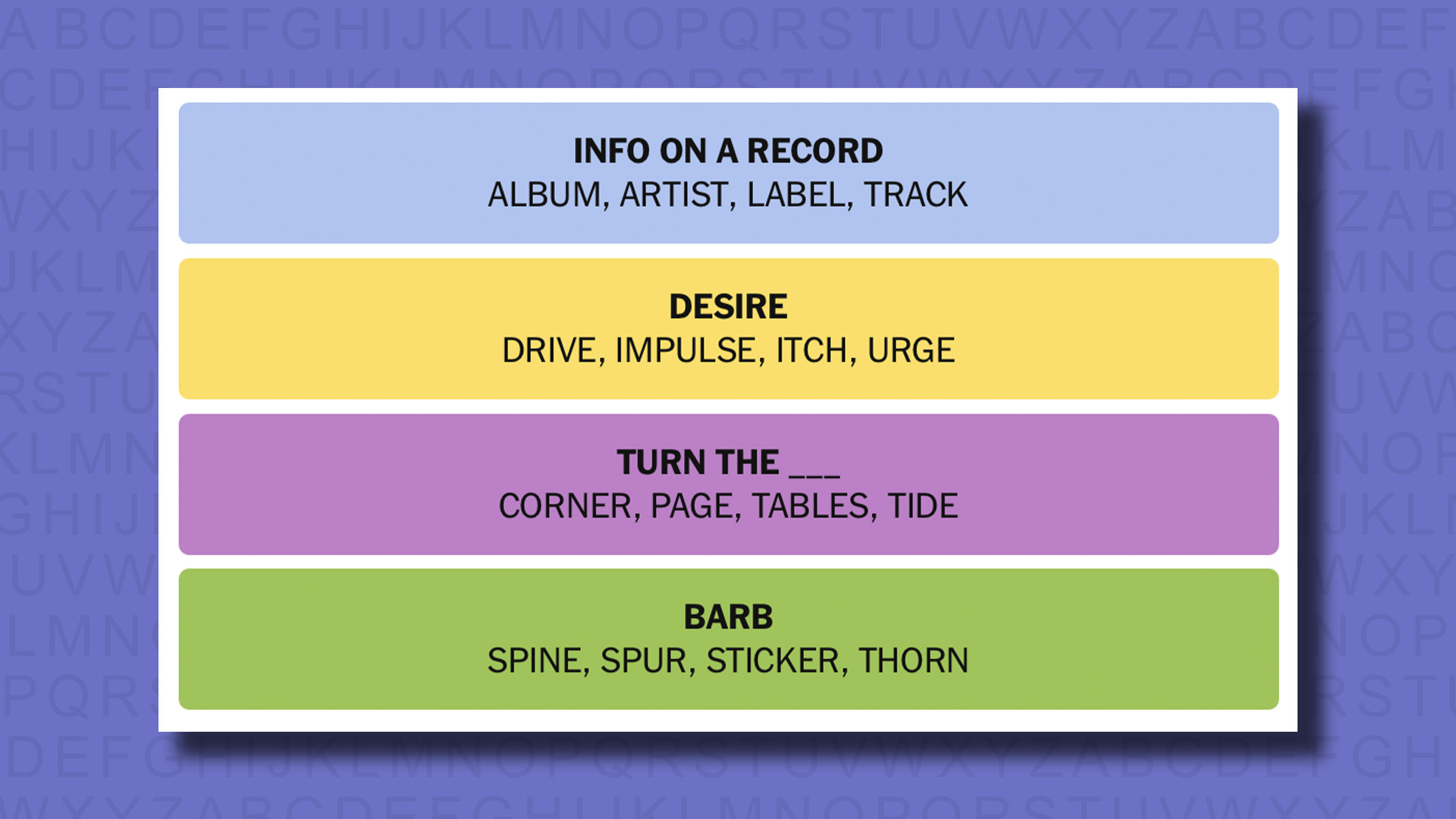 NYT Connections answers for game 587 on a purple background