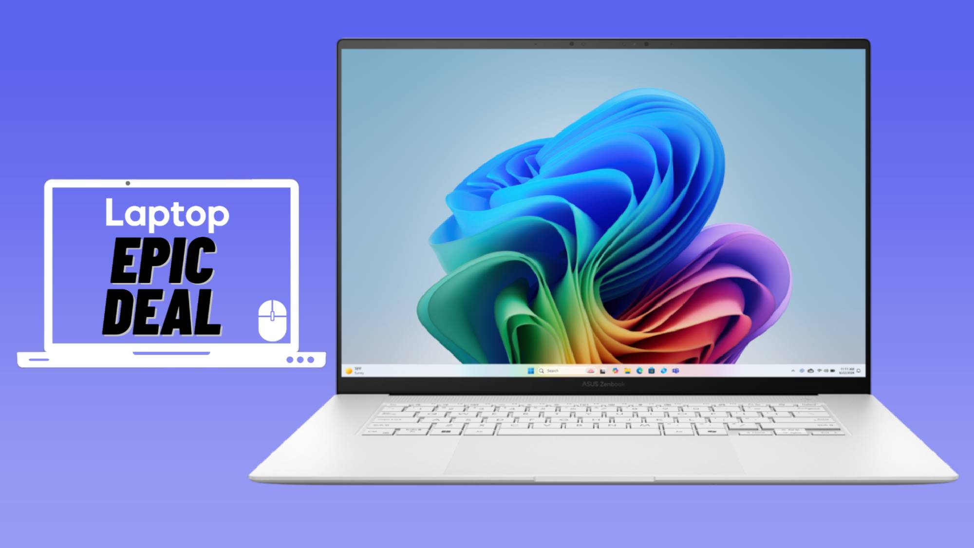 White Asus Zenbook S16 against blue gradient background.
