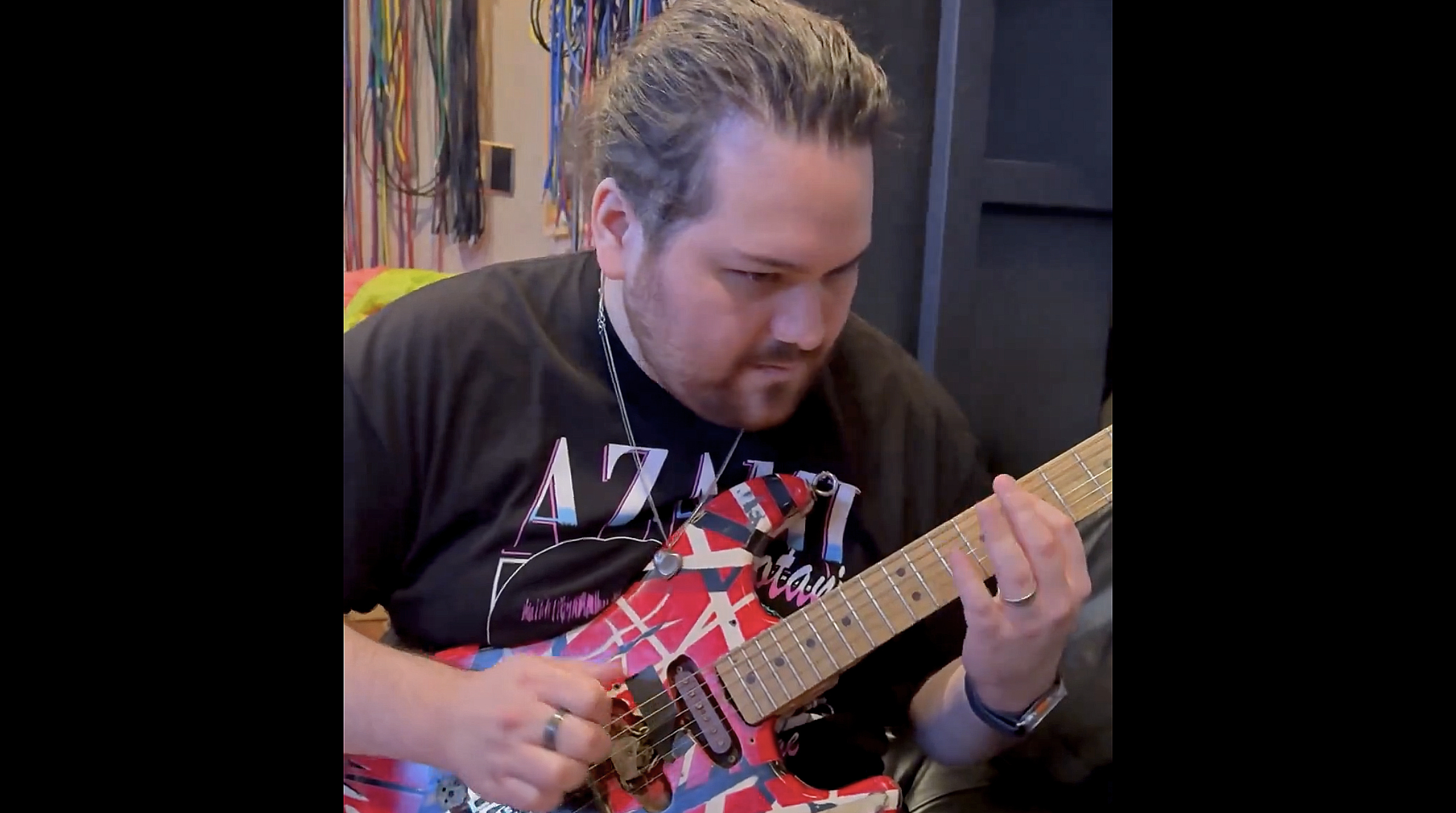 Wolfgang Van Halen plays his father Eddie Van Halen's iconic Frankenstein Superstrat in a video clip he shared on his X.com channel