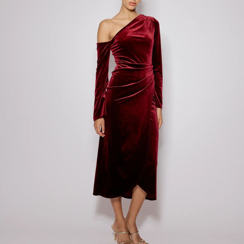 Nobody&#039;s Child , Red Velvet Asymmetric Virgo Midi Dress