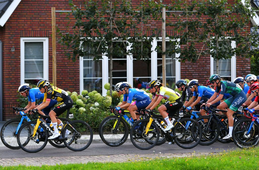 HARDENBERG NETHERLANDS AUGUST 25 Marianne Vos of Netherlands and Team Jumbo Visma Yellow Leader Jersey and The Peloton during the 23rd Simac Ladies Tour 2021 Stage 1 a 1344km stage from Zwolle to Hardenberg SLT2021 UCIWWT on August 25 2021 in Hardenberg Netherlands Photo by Luc ClaessenGetty Images